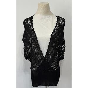 White House Black Market womens black crochet sweater sz S boho festival V neck